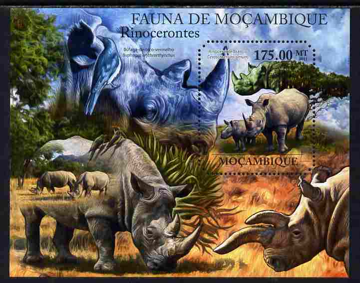 Mozambique 2011 Rhinos perf s/sheet containing octagonal shaped value unmounted mint , stamps on shaped, stamps on animals, stamps on rhinos