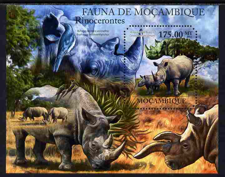 Mozambique 2011 Rhinos perf s/sheet containing octagonal shaped value unmounted mint , stamps on , stamps on  stamps on shaped, stamps on  stamps on animals, stamps on  stamps on rhinos