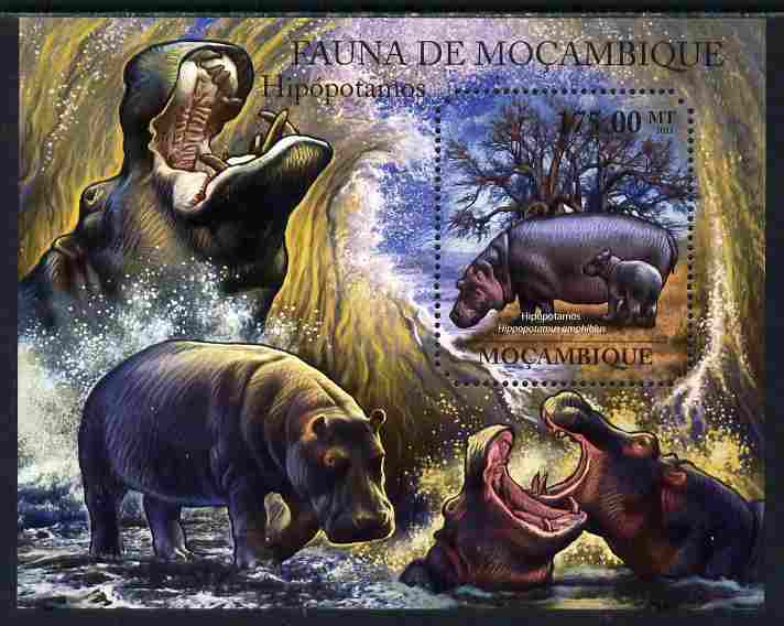 Mozambique 2011 Hippos perf s/sheet containing octagonal shaped value unmounted mint , stamps on , stamps on  stamps on shaped, stamps on  stamps on animals, stamps on  stamps on hippos