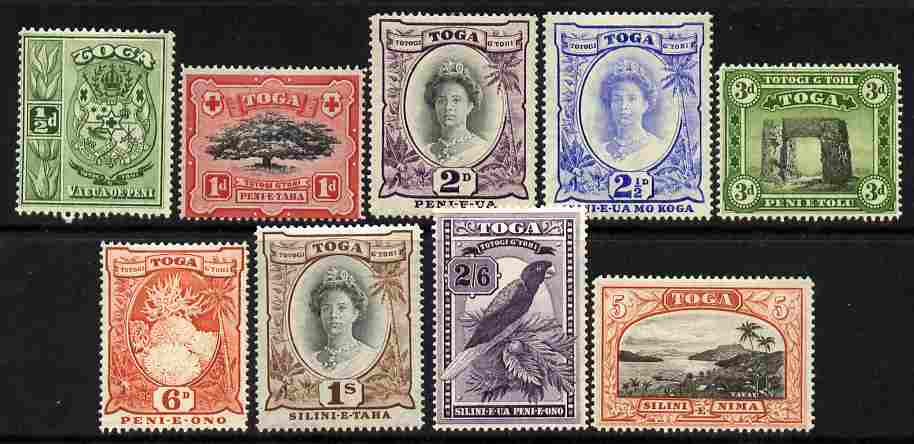 Tonga 1942-49 Pictorial set of 9 complete Script CA mounted mint SG 74-82, stamps on , stamps on  stamps on tonga 1942-49 pictorial set of 9 complete script ca mounted mint sg 74-82