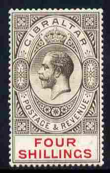 Gibraltar 1912-24 KG5 4s black & carmine wmk Multiple Crown CA lightly mounted mint SG83, stamps on , stamps on  stamps on arms, stamps on  stamps on heraldry