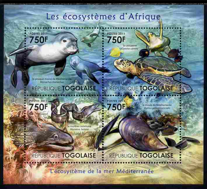 Togo 2011 Ecosystem of Africa - The Mediterranean Sea perf sheetlet containing 4 values unmounted mint , stamps on , stamps on  stamps on environment, stamps on  stamps on animals, stamps on  stamps on fish, stamps on  stamps on turtles, stamps on  stamps on seals, stamps on  stamps on marine life, stamps on  stamps on shells, stamps on  stamps on eels