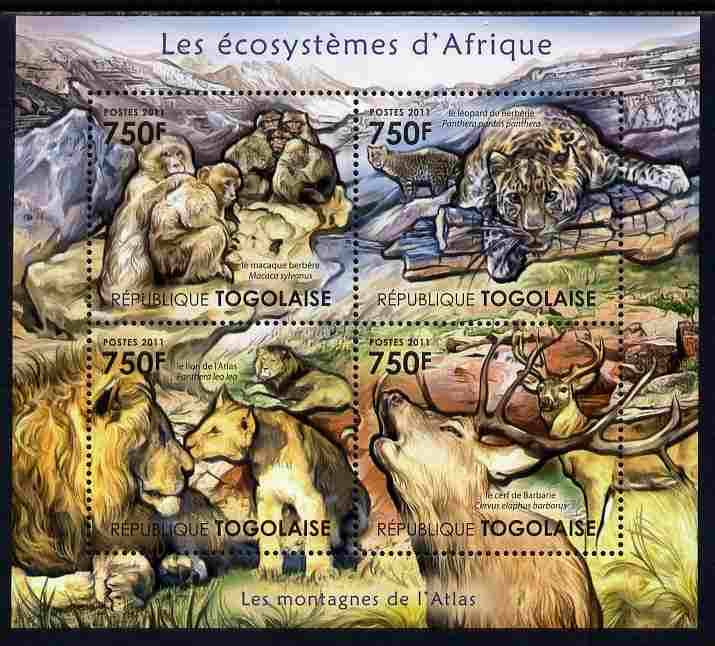 Togo 2011 Ecosystem of Africa - The Atlas Mountains perf sheetlet containing 4 values unmounted mint , stamps on , stamps on  stamps on environment, stamps on  stamps on animals, stamps on  stamps on apes, stamps on  stamps on cats, stamps on  stamps on leopards, stamps on  stamps on lions, stamps on  stamps on deer