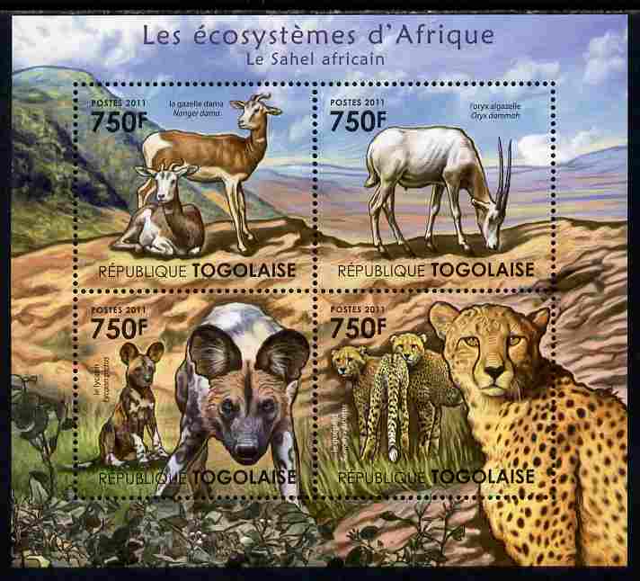 Togo 2011 Ecosystem of Africa - The Sahel Region perf sheetlet containing 4 values unmounted mint , stamps on , stamps on  stamps on environment, stamps on  stamps on animals, stamps on  stamps on cheetahs, stamps on  stamps on cats, stamps on  stamps on ovine, stamps on  stamps on dogs