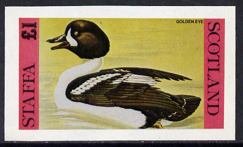 Staffa 1979 Water Birds #02 (Golden Eye) imperf souvenir sheet (£1 value) unmounted mint, stamps on birds, stamps on ducks  