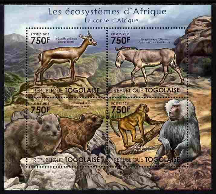 Togo 2011 Ecosystem of Africa - The Horn of Africa perf sheetlet containing 4 values unmounted mint , stamps on environment, stamps on animals, stamps on apes, stamps on asses, stamps on 