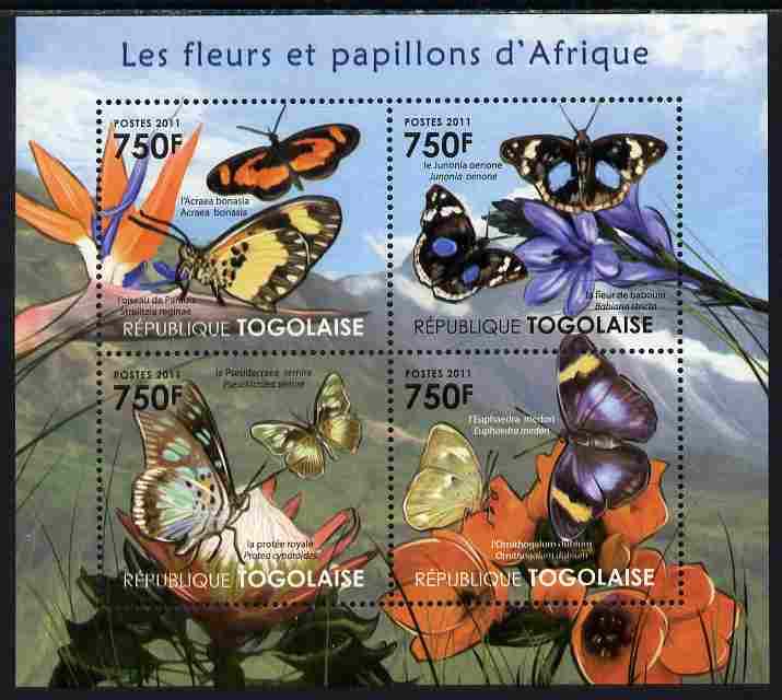 Togo 2011 Flowers & Butterflies of Africa perf sheetlet containing 4 values unmounted mint , stamps on flowers, stamps on butterflies, stamps on strelitzia