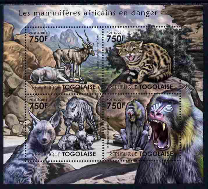 Togo 2011 Endangered Animals of Africa perf sheetlet containing 4 values unmounted mint , stamps on , stamps on  stamps on animals, stamps on  stamps on  wwf , stamps on  stamps on apes, stamps on  stamps on cats, stamps on  stamps on ovines