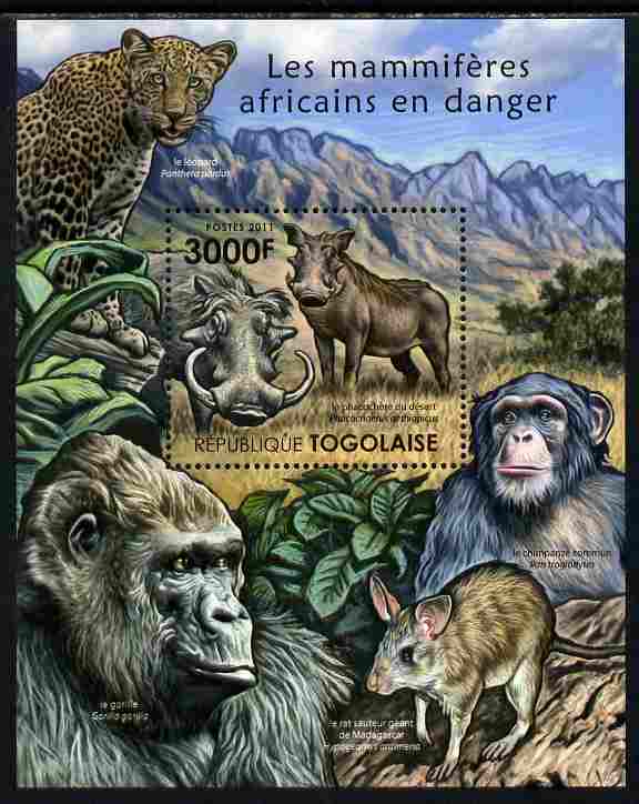 Togo 2011 Endangered Animals of Africa perf s/sheet unmounted mint , stamps on , stamps on  stamps on animals, stamps on  stamps on  wwf , stamps on  stamps on apes, stamps on  stamps on cats, stamps on  stamps on ovines, stamps on  stamps on leopards, stamps on  stamps on gorillas