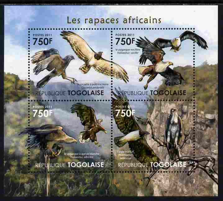Togo 2011 Raptors of Africa perf sheetlet containing 4 values unmounted mint , stamps on , stamps on  stamps on birds, stamps on  stamps on birds of prey, stamps on  stamps on 