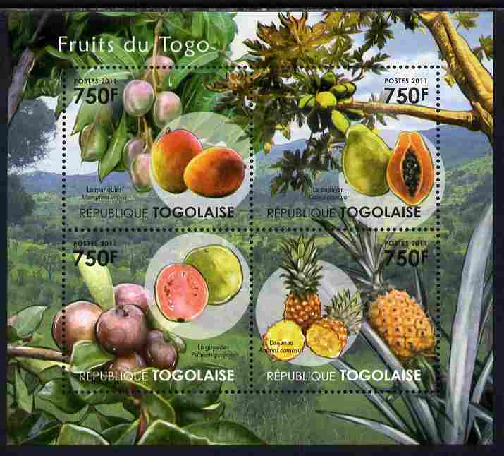 Togo 2011 Fruits of Togo perf sheetlet containing 4 values unmounted mint , stamps on food, stamps on fruit, stamps on mangos, stamps on pineapples, stamps on trees