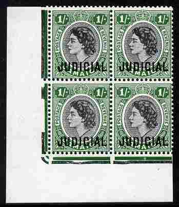 Jamaica 1953 QEII Postage & Revenue 1s black & green SW corner block of 4 oval key plate by De La Rue overprinted JUDICIAL, stamps unmounted mint  (ex M N Oliver collecti..., stamps on qeii, stamps on judicial, stamps on legal