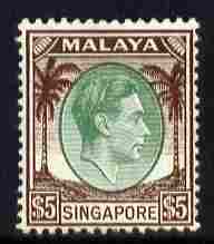 Singapore 1948-52 KG6 $5 green & brown P14 very lightly mounted mint SG 15, stamps on , stamps on  kg6 , stamps on 