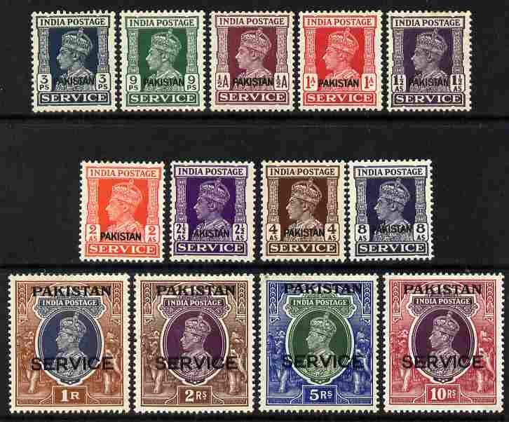 Pakistan 1947 Official KG6 definitive set of 13 optd SERVICE mounted mint SG O1-13, stamps on . kg6 .