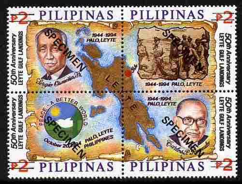 Philippines 1994 50th Anniversary of Leyte Gulf Landings se-tenant block of 4 each overprinted SPECIMEN unmounted mint (only 500 produced) SG 2682s-85s, stamps on maps, stamps on battles, stamps on militaria, stamps on 