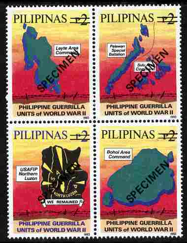 Philippines 1993 Guerrilla Units of World War 2 se-tenant block of 4 each overprinted SPECIMEN unmounted mint (only 500 produced) SG 2594s-97s, stamps on maps, stamps on battles, stamps on militaria, stamps on  ww2 , stamps on 