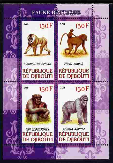 Djibouti 2011 African Fauna - Gorillas perf sheetlet containing 4 values unmounted mint, stamps on animals, stamps on apes, stamps on gorillas