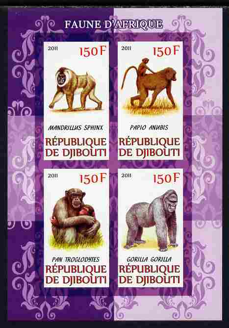 Djibouti 2011 African Fauna - Gorillas imperf sheetlet containing 4 values unmounted mint, stamps on , stamps on  stamps on animals, stamps on  stamps on apes, stamps on  stamps on gorillas