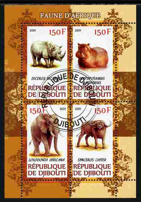 Djibouti 2011 African Fauna - Hippos, Rhinos & Elephants perf sheetlet containing 4 values cto used, stamps on , stamps on  stamps on animals, stamps on  stamps on hippos, stamps on  stamps on rhinos, stamps on  stamps on elephants, stamps on  stamps on buffalo, stamps on  stamps on bison