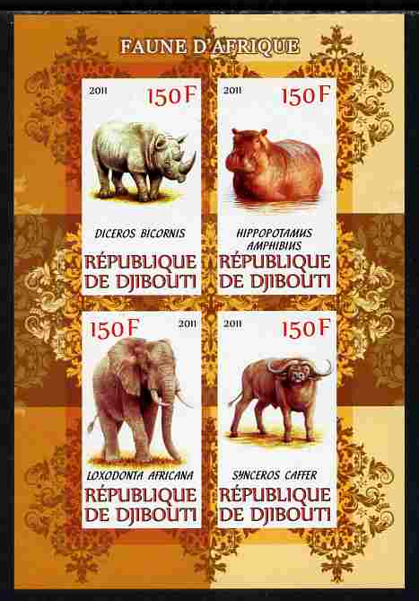 Djibouti 2011 African Fauna - Hippos, Rhinos & Elephants imperf sheetlet containing 4 values unmounted mint, stamps on , stamps on  stamps on animals, stamps on  stamps on hippos, stamps on  stamps on rhinos, stamps on  stamps on elephants, stamps on  stamps on buffalo, stamps on  stamps on bison