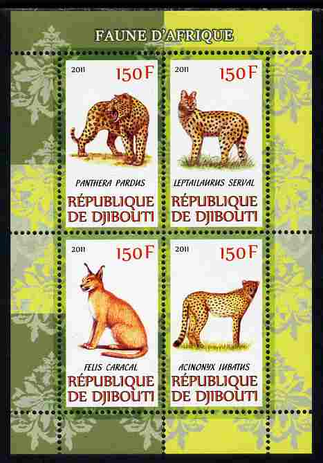 Djibouti 2011 African Fauna - Big Cats perf sheetlet containing 4 values unmounted mint, stamps on , stamps on  stamps on animals, stamps on  stamps on cats, stamps on  stamps on panthers