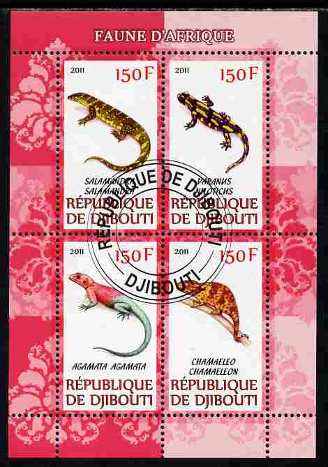 Djibouti 2011 African Fauna - Lizards perf sheetlet containing 4 values cto used, stamps on , stamps on  stamps on animals, stamps on  stamps on reptiles, stamps on  stamps on lizards