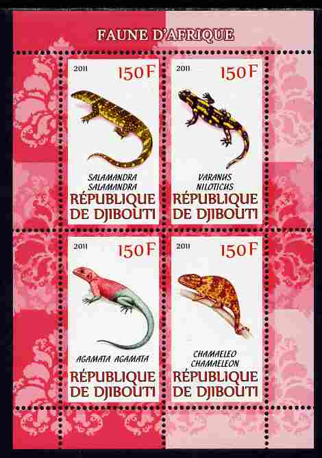 Djibouti 2011 African Fauna - Lizards perf sheetlet containing 4 values unmounted mint, stamps on , stamps on  stamps on animals, stamps on  stamps on reptiles, stamps on  stamps on lizards