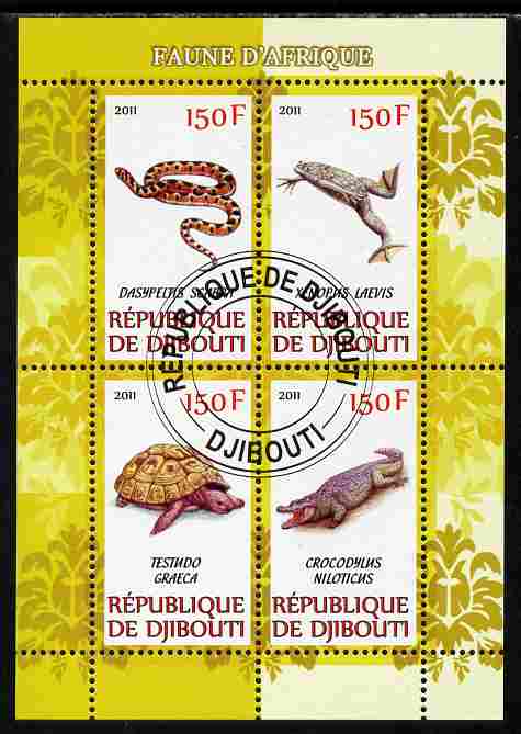 Djibouti 2011 African Fauna - Reptiles perf sheetlet containing 4 values cto used, stamps on animals, stamps on reptiles, stamps on snakes, stamps on frogs, stamps on tortoises, stamps on crocodiles