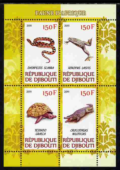 Djibouti 2011 African Fauna - Reptiles perf sheetlet containing 4 values unmounted mint, stamps on , stamps on  stamps on animals, stamps on  stamps on reptiles, stamps on  stamps on snakes, stamps on  stamps on frogs, stamps on  stamps on tortoises, stamps on  stamps on crocodiles