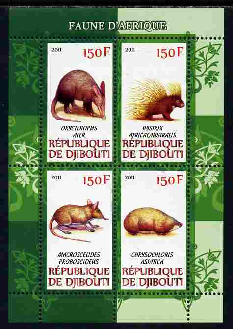 Djibouti 2011 African Fauna - Porcupines, Shrews & Aardvarks perf sheetlet containing 4 values unmounted mint, stamps on , stamps on  stamps on animals, stamps on  stamps on porcupines, stamps on  stamps on shrews, stamps on  stamps on aardvarks