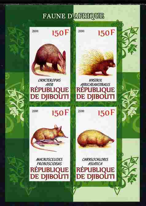 Djibouti 2011 African Fauna - Porcupines, Shrews & Aardvarks imperf sheetlet containing 4 values unmounted mint, stamps on animals, stamps on porcupines, stamps on shrews, stamps on aardvarks