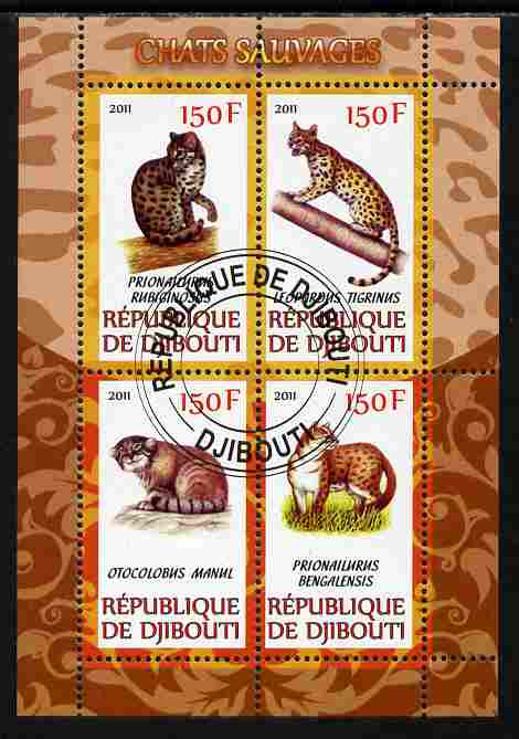 Djibouti 2011 Wild Cats perf sheetlet containing 4 values cto used, stamps on animals, stamps on cats, stamps on 