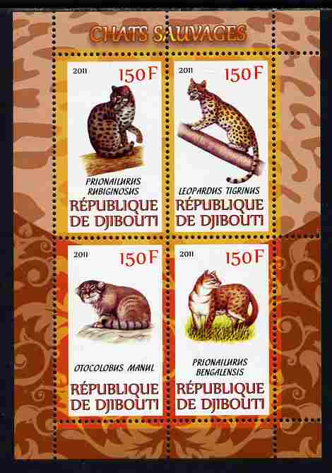 Djibouti 2011 Wild Cats perf sheetlet containing 4 values unmounted mint, stamps on , stamps on  stamps on animals, stamps on  stamps on cats, stamps on  stamps on 