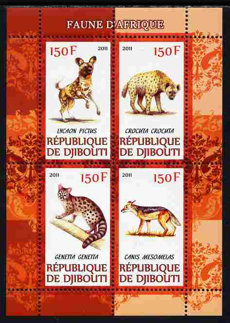 Djibouti 2011 African Fauna - Hyenas perf sheetlet containing 4 values unmounted mint, stamps on animals, stamps on hyenas