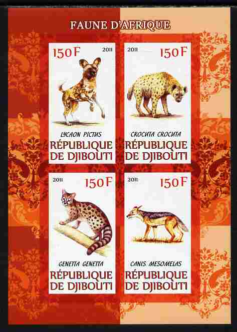 Djibouti 2011 African Fauna - Hyenas imperf sheetlet containing 4 values unmounted mint, stamps on animals, stamps on hyenas