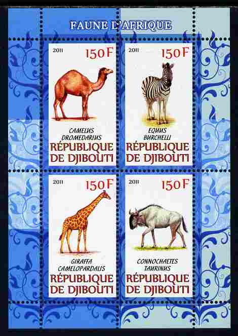 Djibouti 2011 African Fauna - Camels, Zebra & Giraffe perf sheetlet containing 4 values unmounted mint, stamps on , stamps on  stamps on animals, stamps on  stamps on camels, stamps on  stamps on zebras, stamps on  stamps on giraffes, stamps on  stamps on bovine