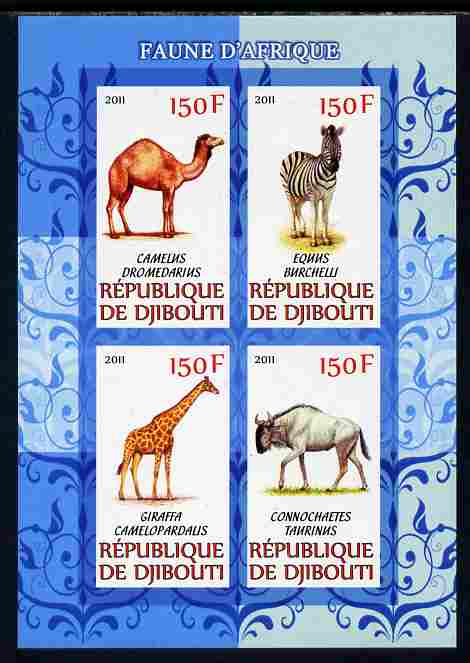 Djibouti 2011 African Fauna - Camels, Zebra & Giraffe imperf sheetlet containing 4 values unmounted mint, stamps on , stamps on  stamps on animals, stamps on  stamps on camels, stamps on  stamps on zebras, stamps on  stamps on giraffes, stamps on  stamps on bovine