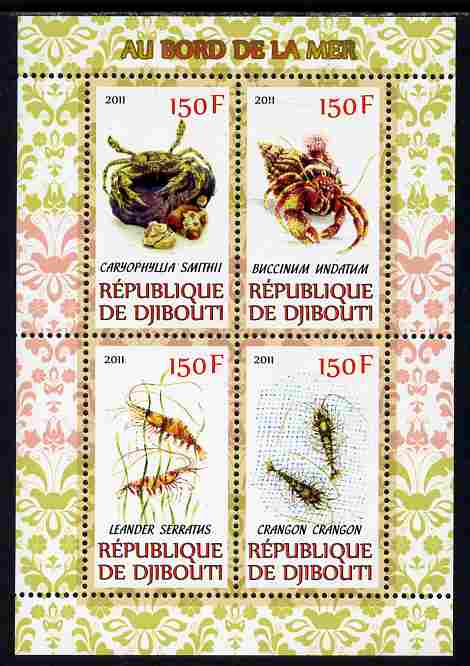 Djibouti 2011 Fauna of the Sea Shore perf sheetlet containing 4 values unmounted mint, stamps on , stamps on  stamps on animals, stamps on  stamps on marine life, stamps on  stamps on crabs, stamps on  stamps on prawns