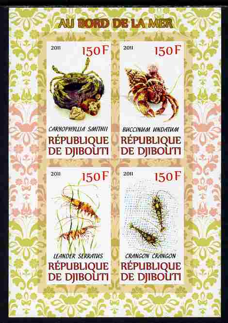 Djibouti 2011 Fauna of the Sea Shore imperf sheetlet containing 4 values unmounted mint, stamps on , stamps on  stamps on animals, stamps on  stamps on marine life, stamps on  stamps on crabs, stamps on  stamps on prawns