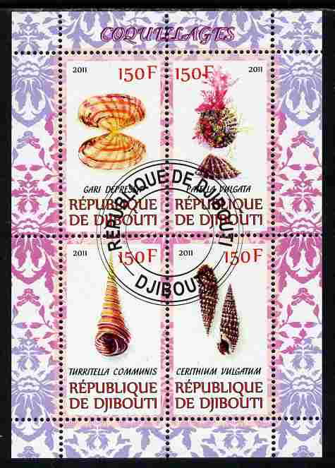 Djibouti 2011 Shells #2 perf sheetlet containing 4 values cto used, stamps on animals, stamps on marine life, stamps on shells