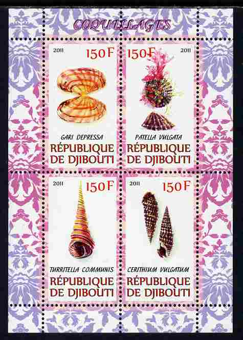 Djibouti 2011 Shells #2 perf sheetlet containing 4 values unmounted mint, stamps on , stamps on  stamps on animals, stamps on  stamps on marine life, stamps on  stamps on shells