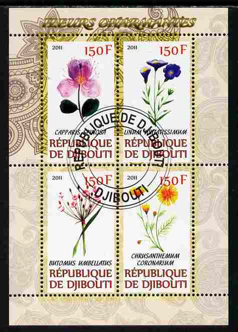 Djibouti 2011 Beautiful Flowers #2 perf sheetlet containing 4 values cto used, stamps on flowers