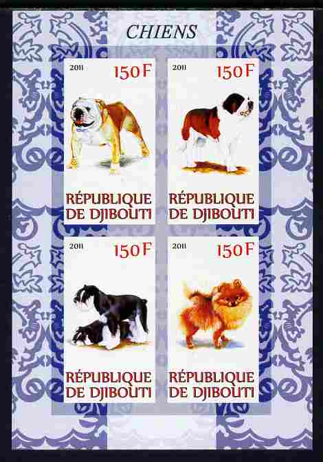 Djibouti 2011 Dogs imperf sheetlet containing 4 values unmounted mint, stamps on , stamps on  stamps on dogs