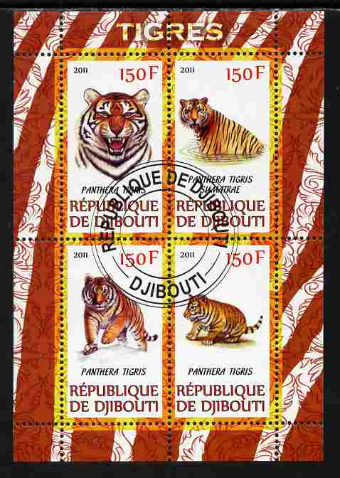 Djibouti 2011 Tigers perf sheetlet containing 4 values cto used, stamps on , stamps on  stamps on animals, stamps on  stamps on cats, stamps on  stamps on tigers