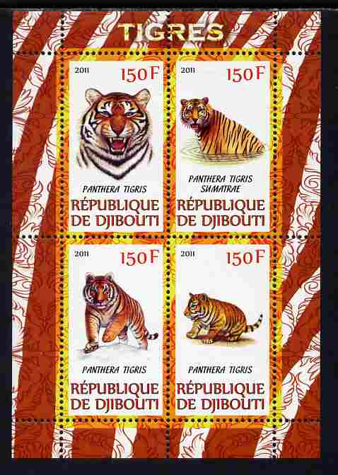 Djibouti 2011 Tigers perf sheetlet containing 4 values unmounted mint, stamps on , stamps on  stamps on animals, stamps on  stamps on cats, stamps on  stamps on tigers