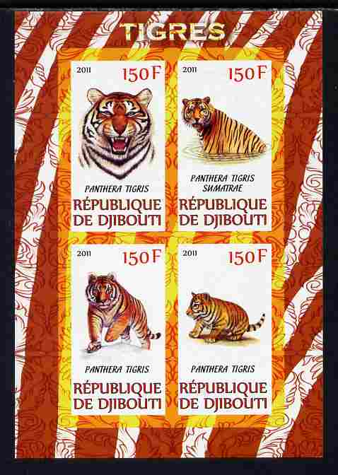 Djibouti 2011 Tigers imperf sheetlet containing 4 values unmounted mint, stamps on , stamps on  stamps on animals, stamps on  stamps on cats, stamps on  stamps on tigers