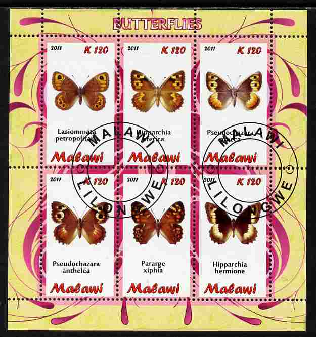 Malawi 2011 Butterflies #1 perf sheetlet containing 6 values cto used, stamps on , stamps on  stamps on butterflies