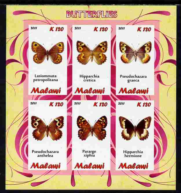 Malawi 2011 Butterflies #1 imperf sheetlet containing 6 values unmounted mint, stamps on , stamps on  stamps on butterflies