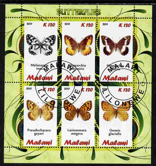 Malawi 2011 Butterflies #2 perf sheetlet containing 6 values cto used