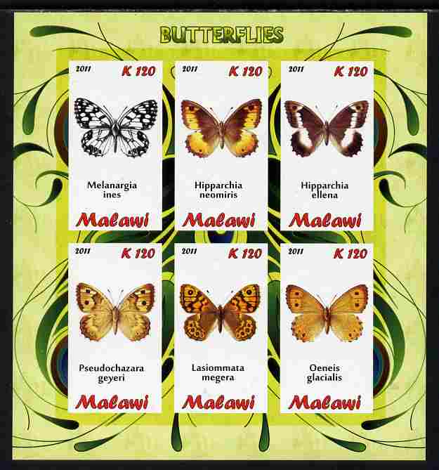 Malawi 2011 Butterflies #2 imperf sheetlet containing 6 values unmounted mint, stamps on , stamps on  stamps on butterflies